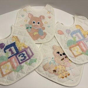 4 Vtg Baby Bibs to Embroidery Cross Stitch Bunny Bear Blocks Giraffe Embellish